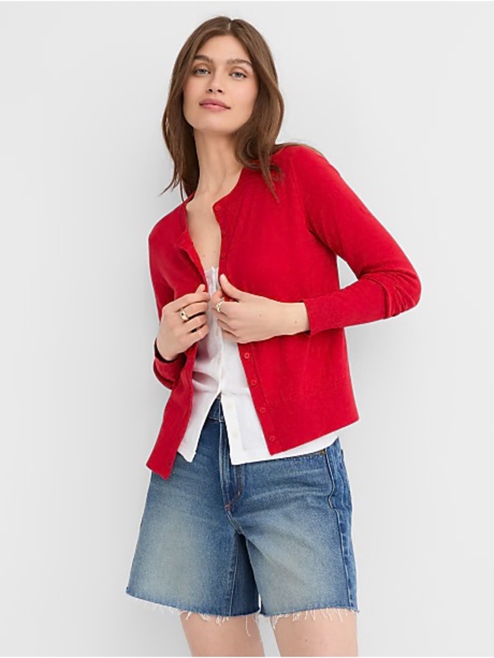 🌺Loft Outlet Red Crewneck Button-Front Women's Cardigan Sweater